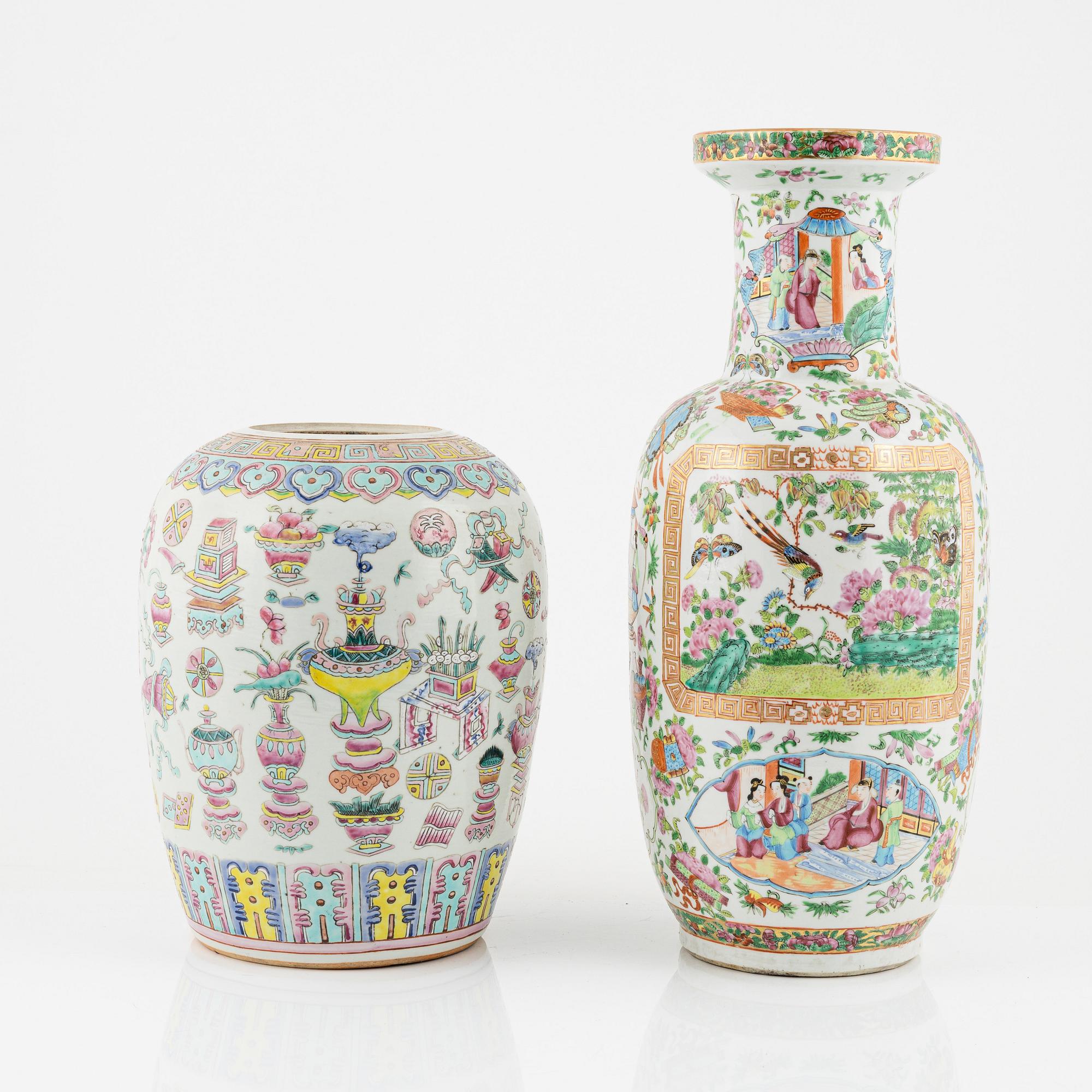 A famille rose porcelain vase, Kanton, and a porcelain urn, China, end of the 19th century.