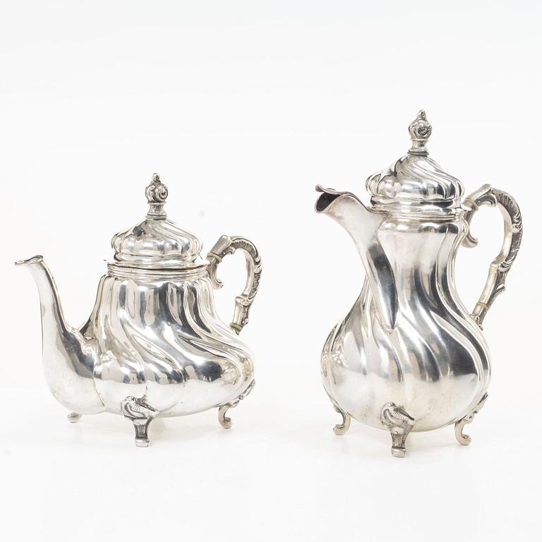 Coffee and tea service, 4 pieces, silver, Rococo style, Germany, 20th century.