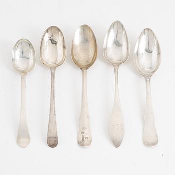 Skedar, 5 st, silver, bland annat Lars Biugg, Jönköping 1782.