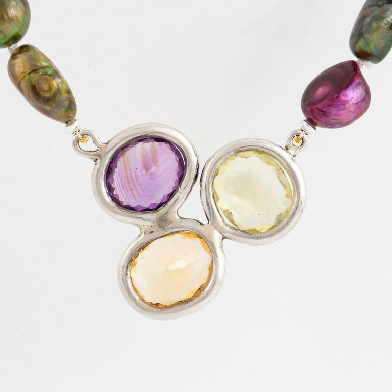 Cultured dyed freshwater pearl necklace, clasp with amethyst, prasiolite and citrine.