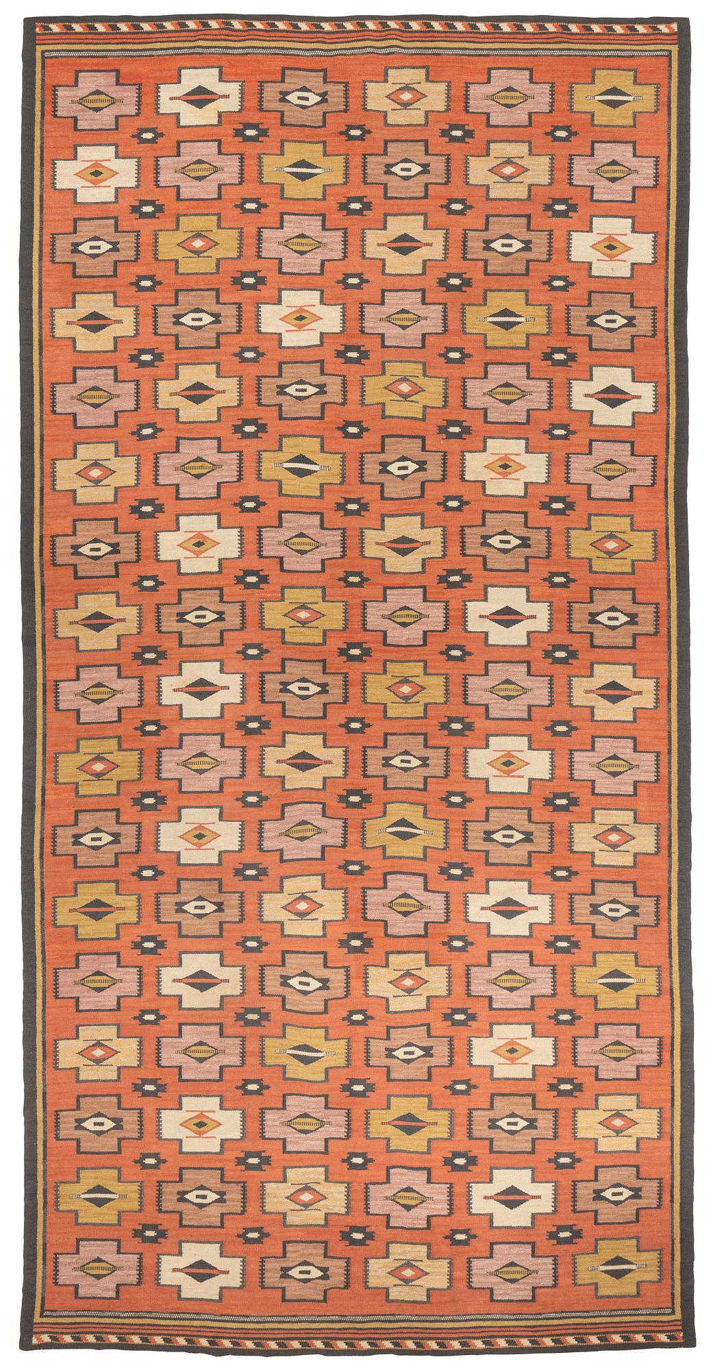 A carpet flat weave, c 607 x 300 cm, possibly Johanna Brunssons Vävskola.