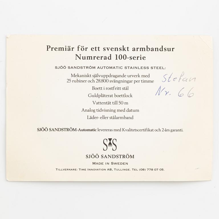 Sjöö Sandström, Automatic, "First watch - number 66 of 100", armbandsur, 37 mm.