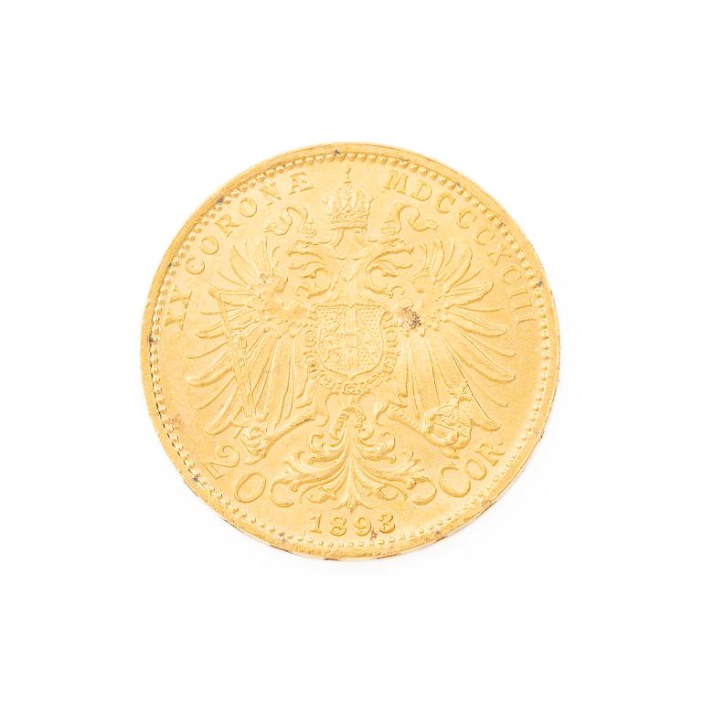 Gold coin, Austria-Hungary, 20 Corona, 1893.