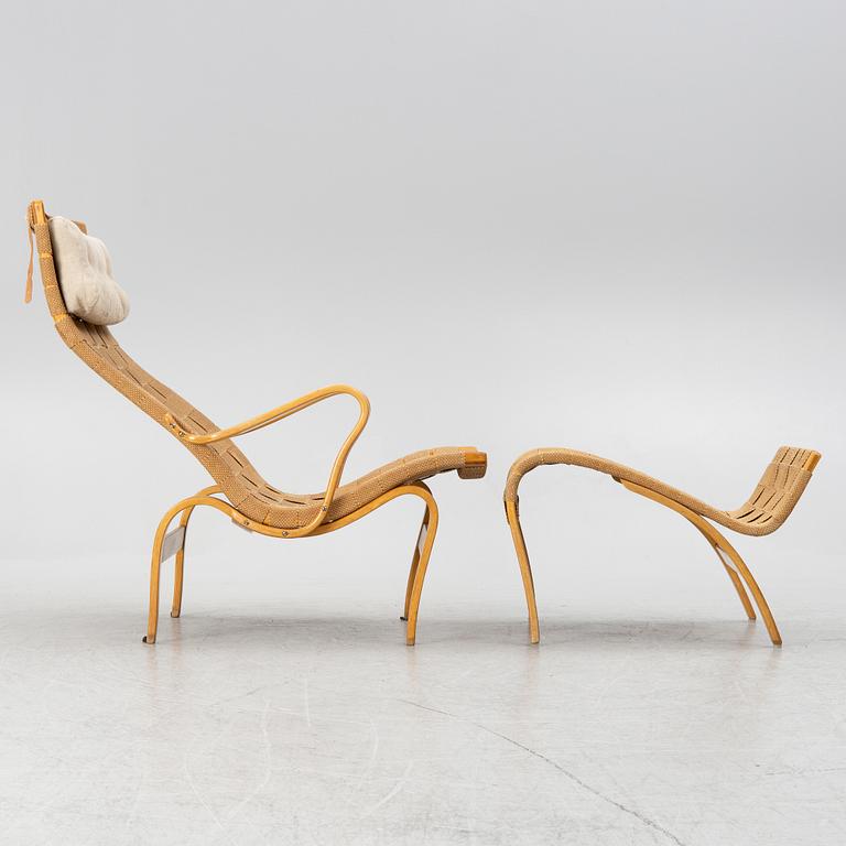 Bruno Mathsson, a lounge chair with footstool "Pernilla 1", Firma Karl Mathsson, Värnamo, circa mid-20th century.