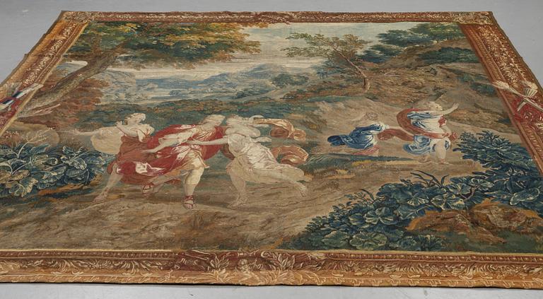 A tapestry, "Blind-man's-buff" tapestry weave, ca 349 x 333 cm, France, around 1700-first half of the 18th century.