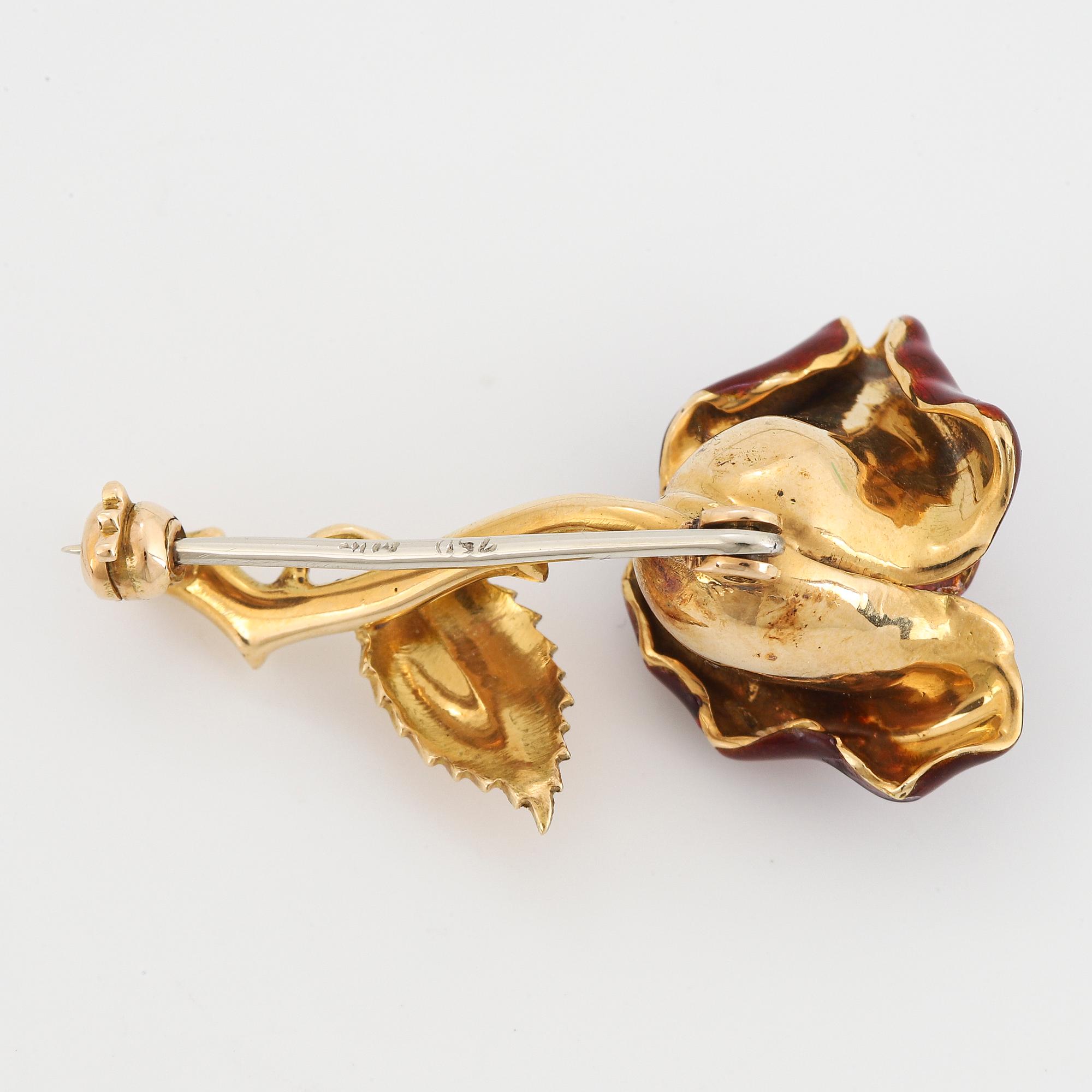 BROSCH, Ros, 18K guld med emalj.