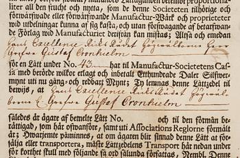 Aktiebrev, Ahlingsåhs Manufaktur Werk (Manufactur-Societet), No 43, 1728.