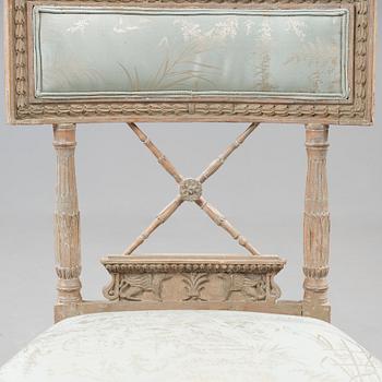 Twelve (8+4) late Gustavian early 19th century chairs. Eight chairs missing upholstery.