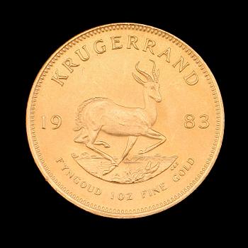 GULDMYNT, finguld, Krugerrand, Sydafrika, 1983. Vikt ca 34 g.