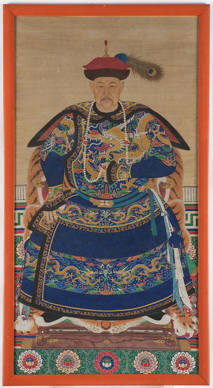 Förfadersporträtt, Qingdynastin, 1800-tal. Med signatur.