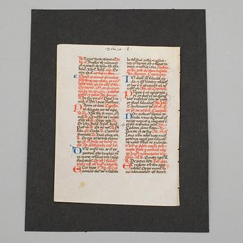 BOKBLAD UR HANDSKRIFT, troligen Frankrike, enligt uppgift möjligen 1400-tal.