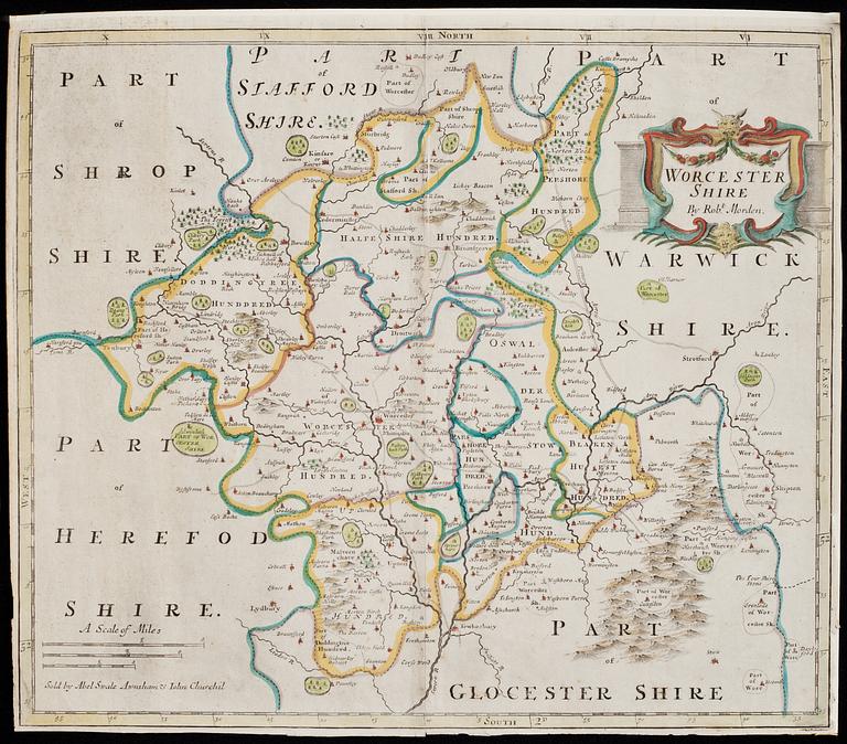 KARTA, "Worcester Shire By Rob.t Morden"Sold by Abel Swale Awnshan & Iohn Churchill. 16/1700-tal.