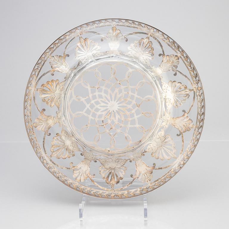 An ornate silver and glass dish, mark of W.A. Bolin, Stockholm 1920.