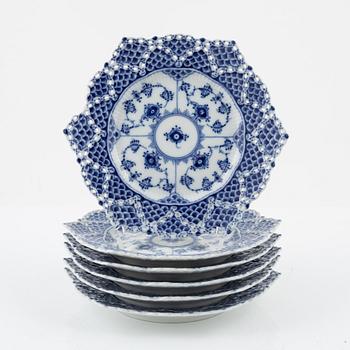 Six porcelain small plates, full lace 'Musselmalet', Royal Copenhagen, Denmark.