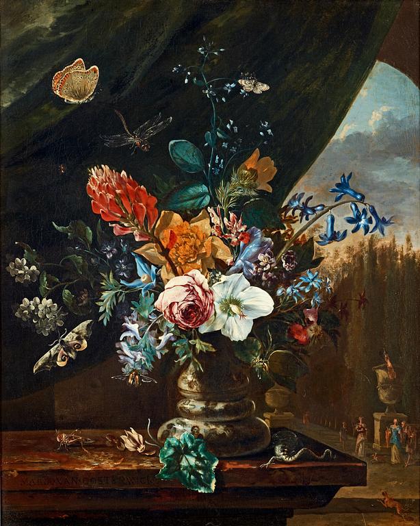 Maria van Oosterwyck, Stilleben med blommor, insekter och ödla.