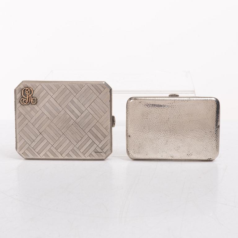 Seven silver boxes and cigarette cases, including with mark of Carl Fredrik Hultbom, Stockholm 1841.
