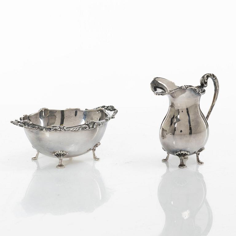 Cream jug, sugar bowl, and tray, silver, Rococo style, 20th century.