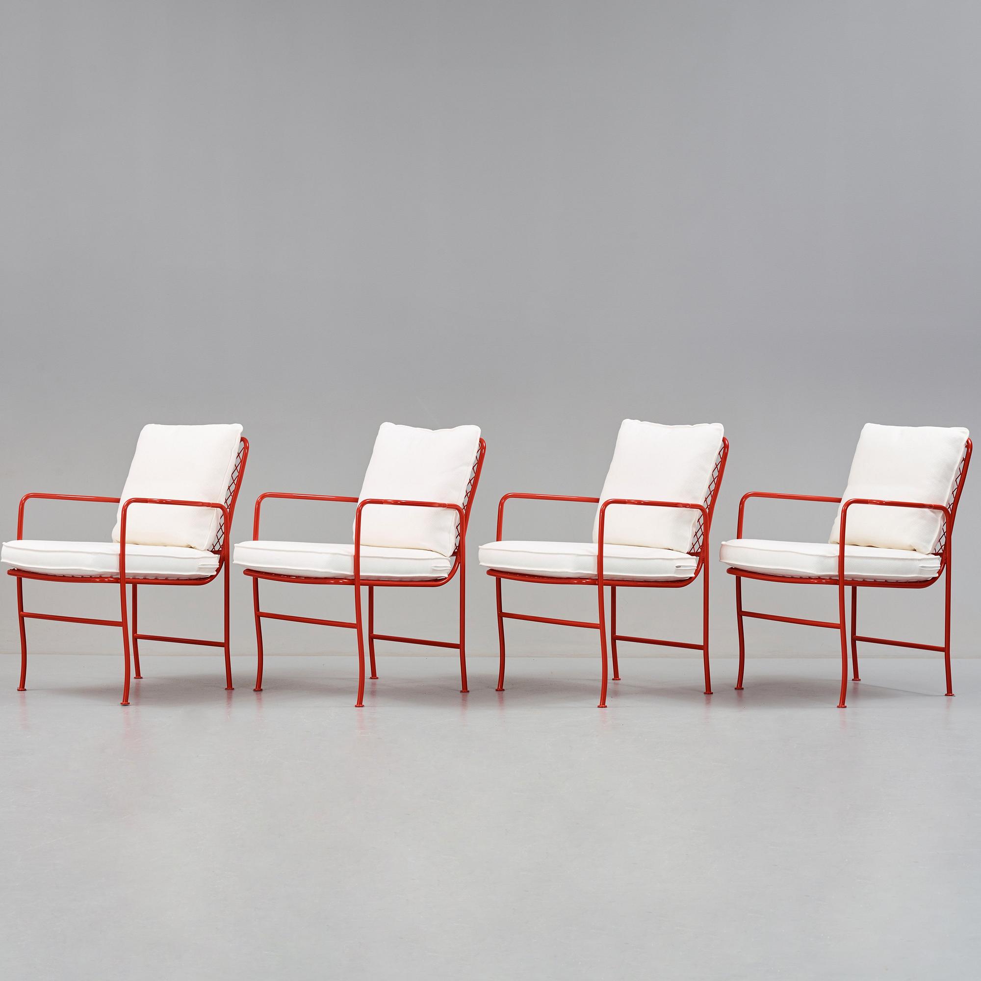 JOSEF FRANK, a set of four red lacquered steel garden chairs, model 591, Svenskt Tenn Sweden.