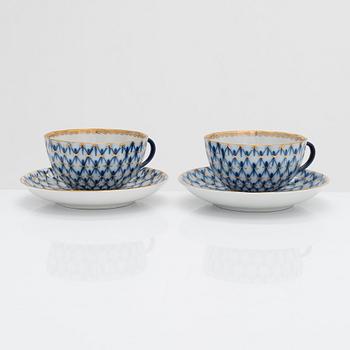 Teservis, 9 dlr, porslin, "Cobalt net", Lomonosov, Sovjetunionen.