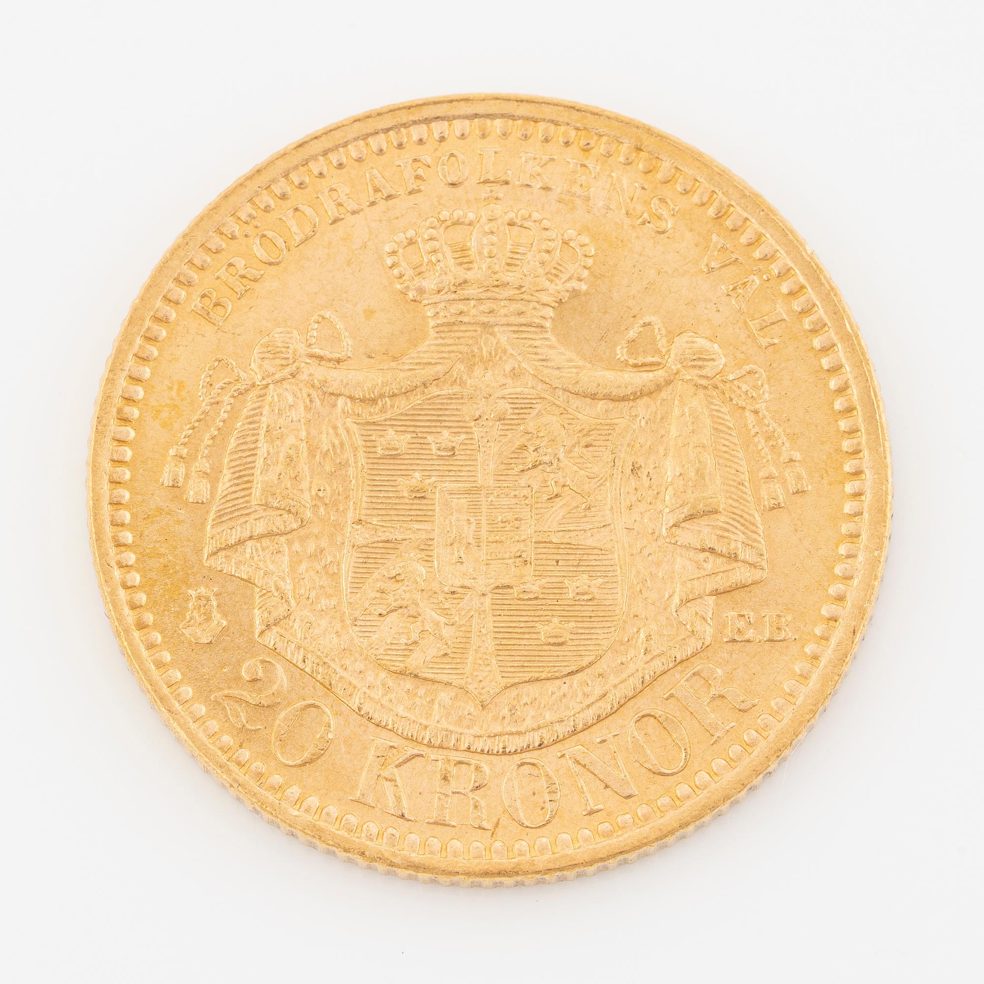 Guldmynt, Oscar II, 20 kronor, typ III, Sverige 1886.