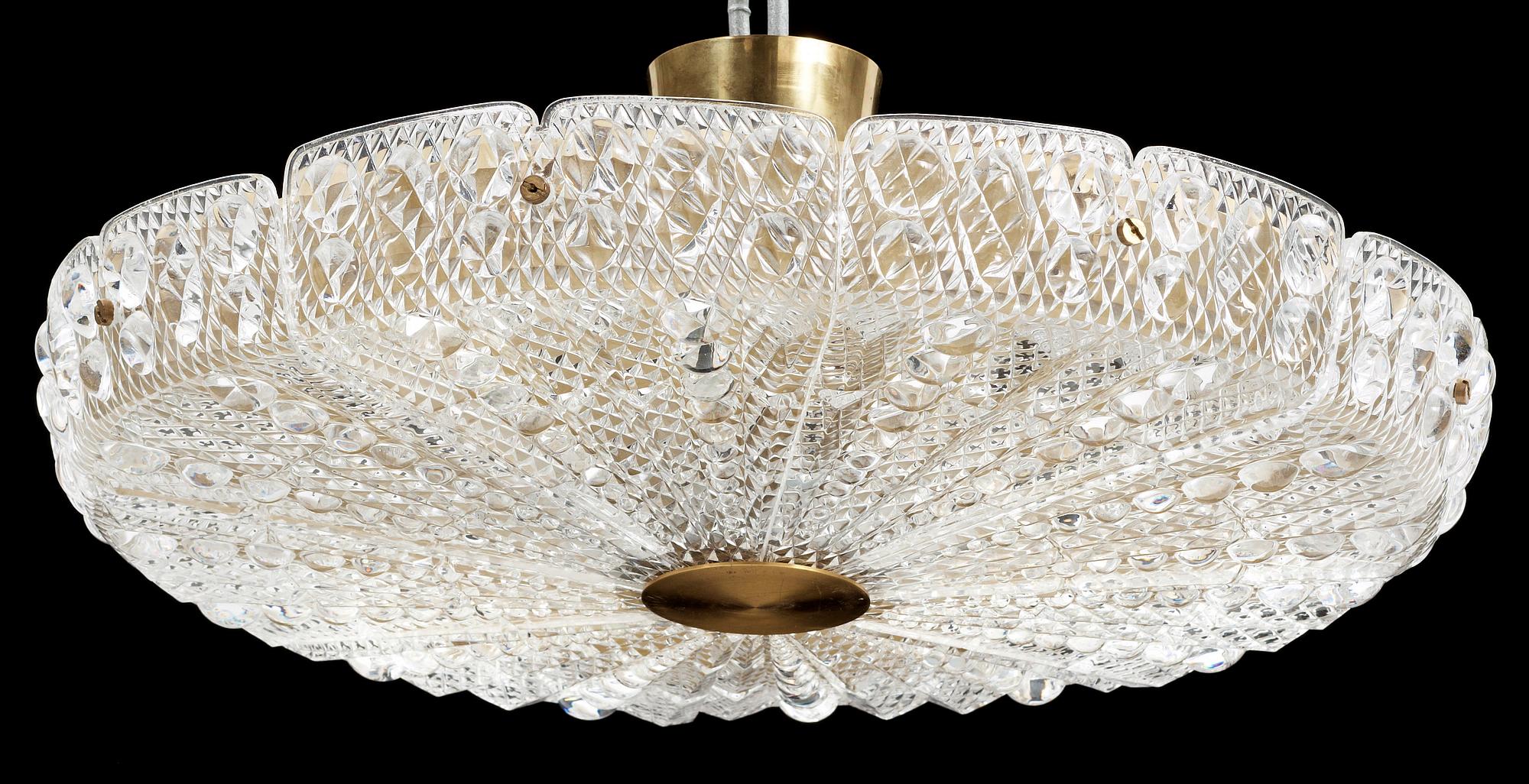 TAKLAMPA, glas, mässing, Carl Fagerlund, Orrefors, 1900-tal. H ca 10 ej med montering.