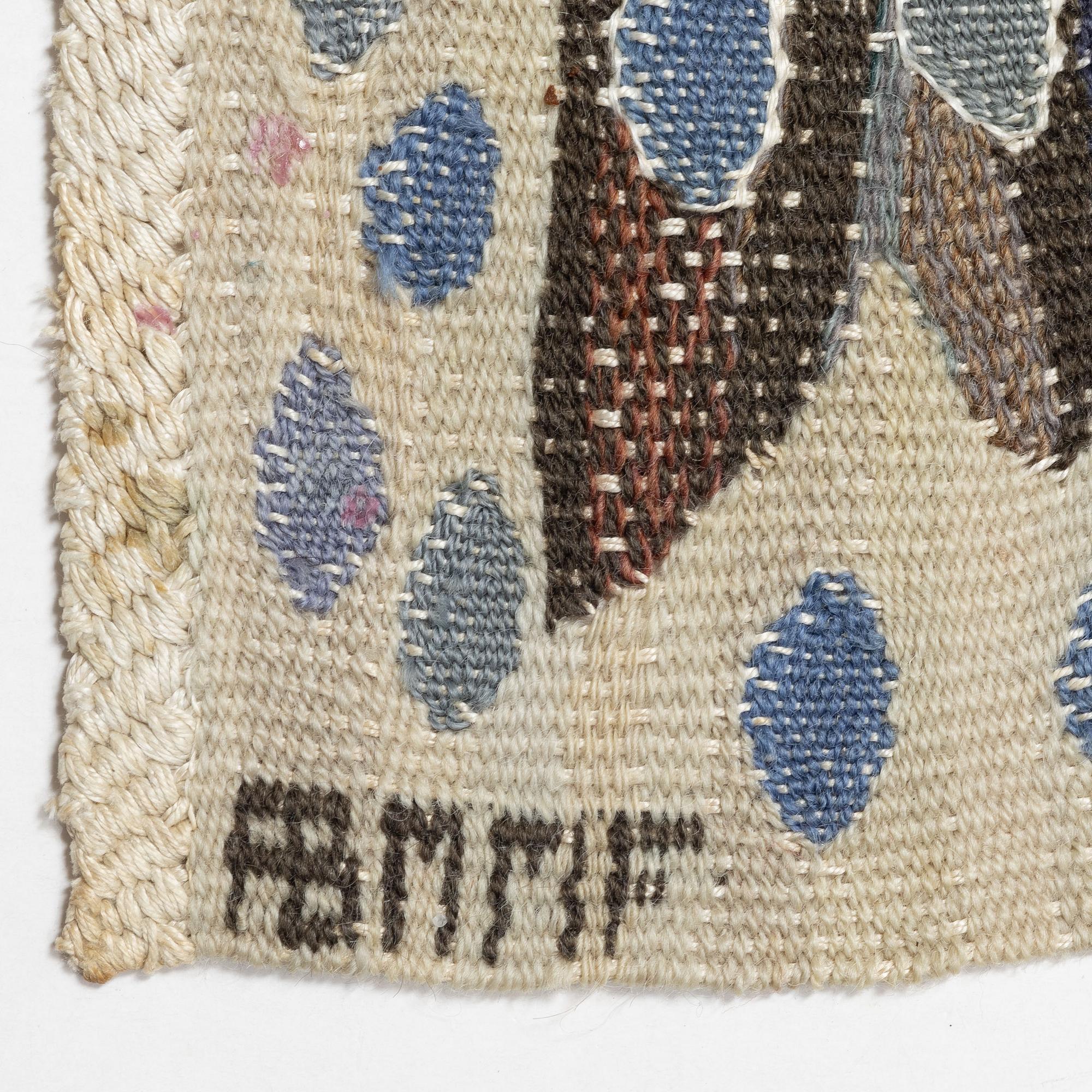 Ann-Mari Lindbom, gift Forsberg, Textile “Blå crocus”, tapestry variant, signed, approx. 60 x 90 cm.