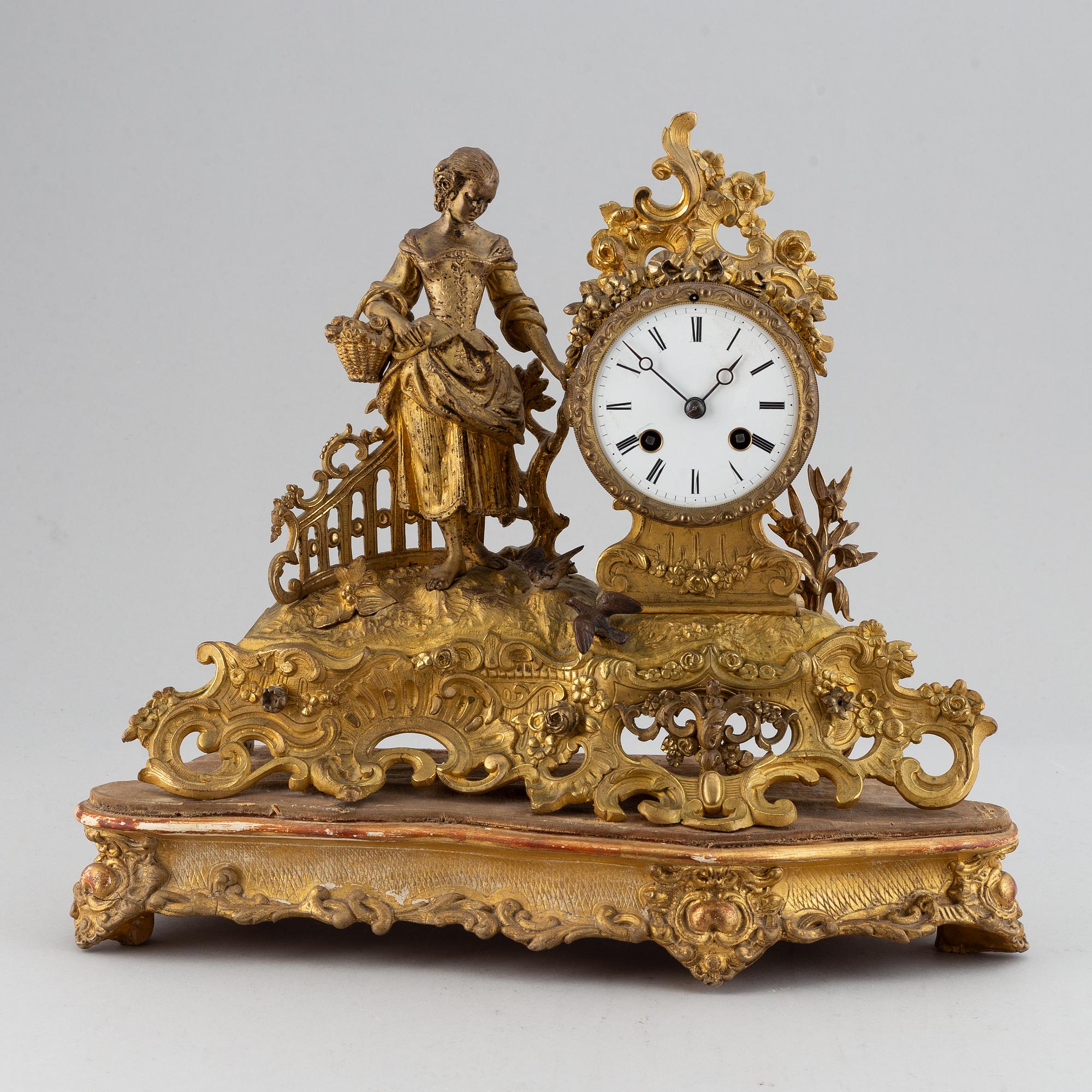 A 19th-century rococo-revival ormolu mantle clock.