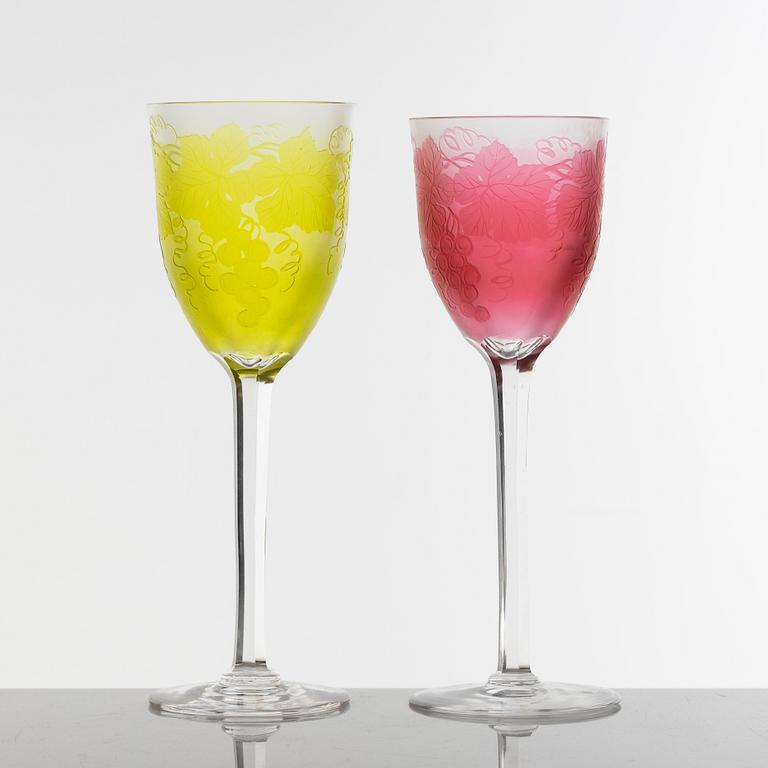 A set of two Art Nouveau cameo glass wine glasses from Orrefors, Sweden ca 1915.