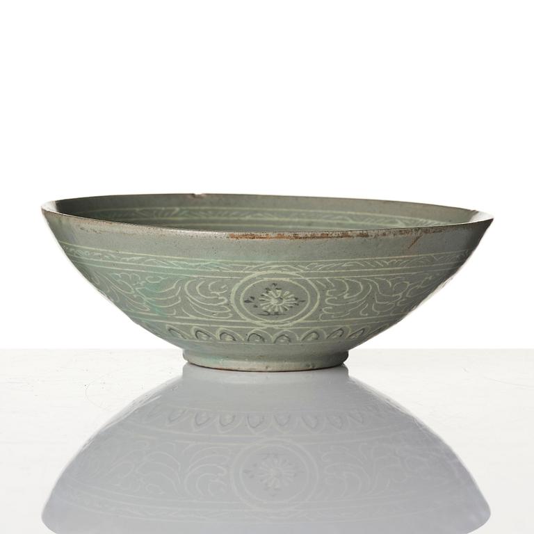 A celadon glazed slip-decorated bowl, Korea, Goryeo, 12/13th century.