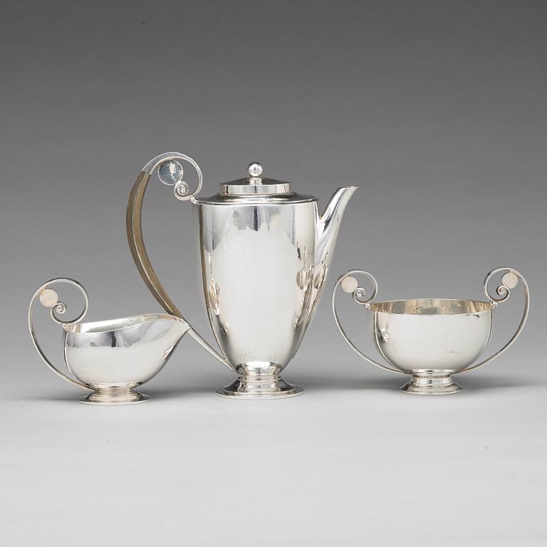 Johan Rohde, kaffeservis, 3 delar, Georg Jensen, Köpenhamn 1933-44, sterling, design nr 321 och 321 A.