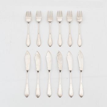 A set of twelve Jugend silver fish cutlery, Gebrüder Köberlin, Germany, early 20th century.