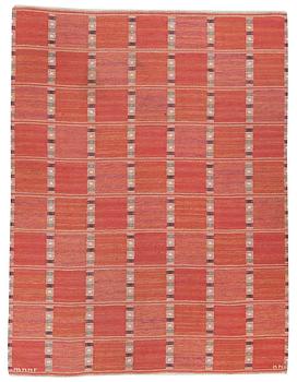 Barbro Nilsson, a carpet, "Falurutan, röd Borås" flat weave, c 246 x 187 cm, signed AB MMF BN.