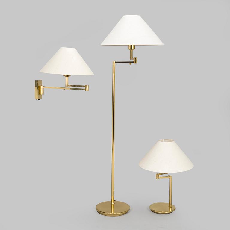 A 1970s/80s brass floor lamp, wall lamp and table lamp for Hövik verk.