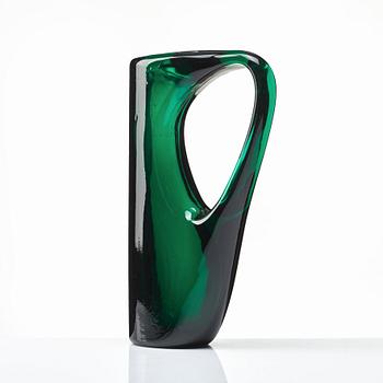 Giorgio Ferro, an oval, green glass vase, "Anse volante", A.VE.M (Arte Vetraria Muranese), Italy 1950's.