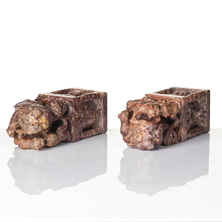 A pair of large soapstone seal stamps, late Qing dynasty/circa 1900.