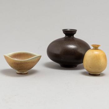 Two stoneware vases and a miniature bowl by Berndt Friberg, Gustavsbergs studio.