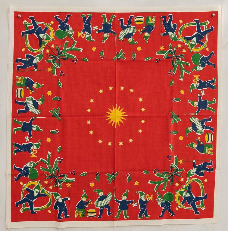 A collection of smaller Christmas tablecloths, runners, and wall hangings, approximately 34 pieces, mid/second half of the 20th century.