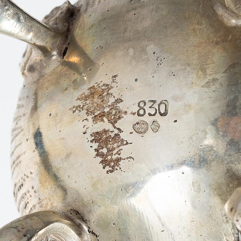 A three-piece rococo-style silver mocha service, 20th century, with swedish import marks.