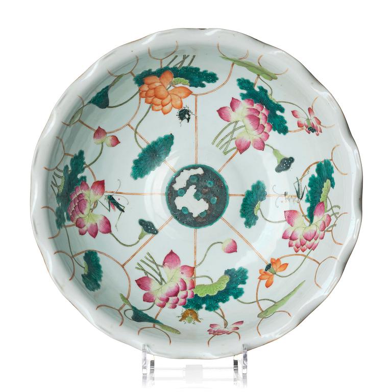 A large famille rose 'lotus' basin, Qing dynasty, with Guangxu mark and of the period (1875-1908).