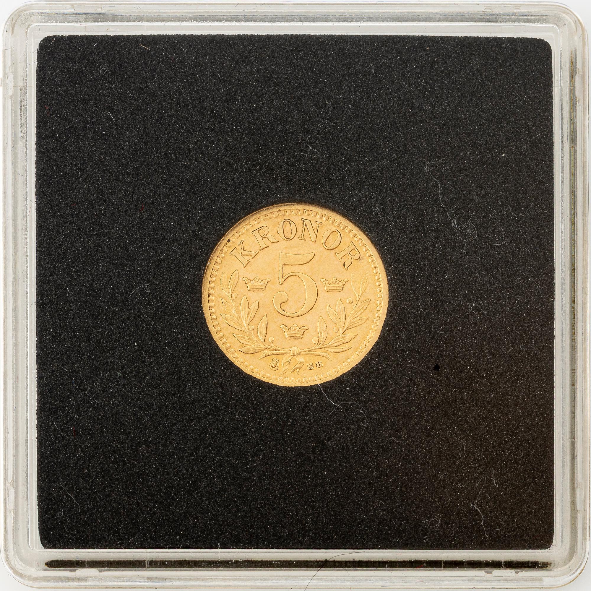 Guldmynt, Oscar II, 5 kronor, typ I, Sverige 1886.