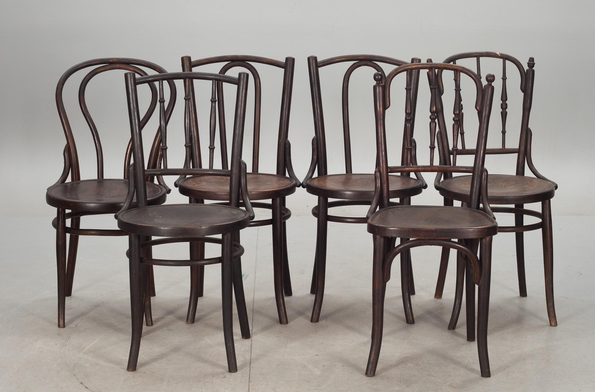 STOLAR, 6 st, Div fabrikat bl.a Thonet och Mundus. 1900-talets början.