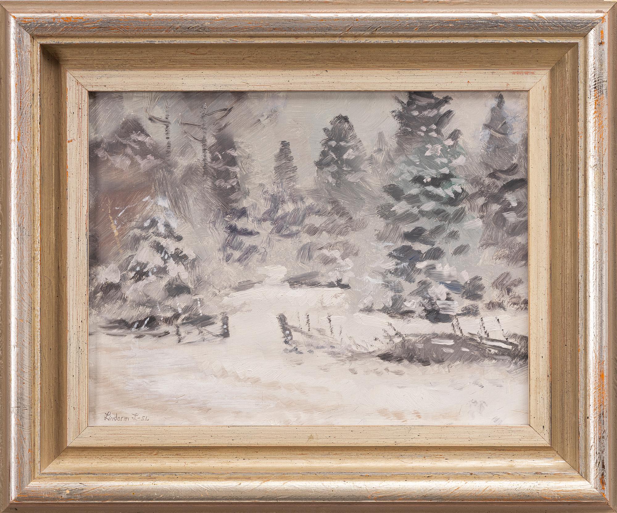 Lindorm Liljefors, Winter landscape with a wooden fence.