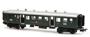 TÅGVAGNAR, 4 st, LOK, RÄLS, 23 delar, samt TRANSFORMATOR, Märklin, 1900-talets andra hälft.