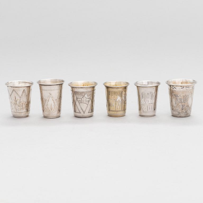 A set of six silver vodka cups, Kyiv and Vilnius, late 19th and early 20th Century.