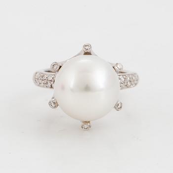 Cultured pearl and brilliant-cut diamond ring.