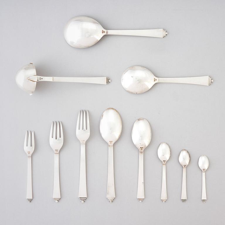 Harald Nielsen, 53 pieces of 'Pyramid' sterling and stainless steel flatware, Georg Jensen, Copenhagen 1933-44.