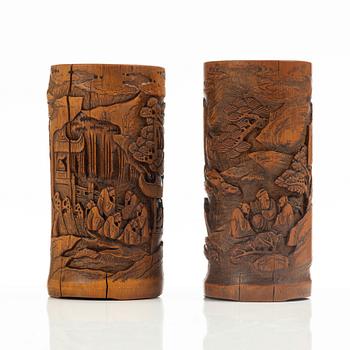 Two Chinese bamboo brush stands, late Qing dynasty / 20th century.