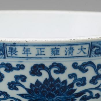 A large blue and white Ming style 'dice' bowl, Qing dynasty, Yongzhengs six character mark and period (1723-35).