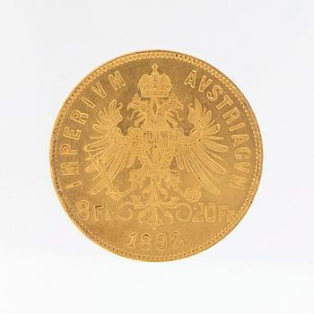 Gold coin 8 fl/20 fr, 1892 Austria/Hungary, Franz Joseph I.