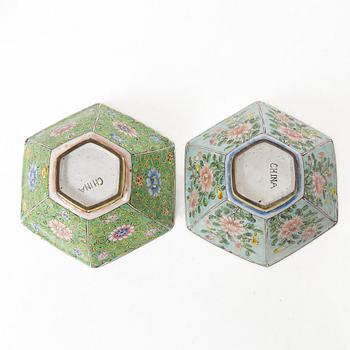 A set of six Chinese enamel on copper bowls and a dish, Qing dynasty and 20th century.
